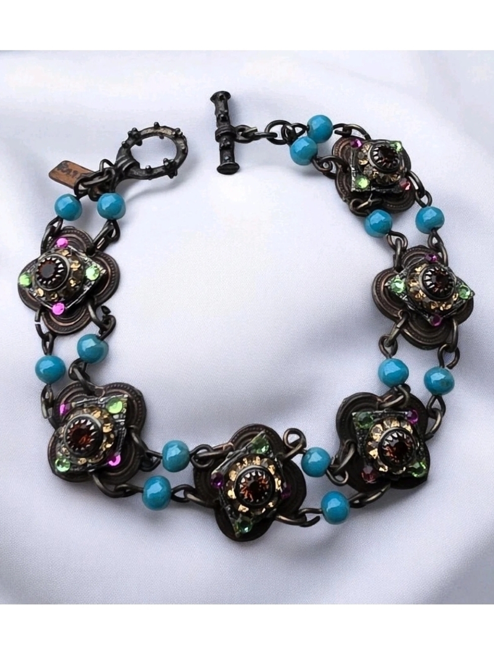 FAITH Signed Boho Rhinestone Bracelet Blue Beads Antiqued Bronze Tone Toggle